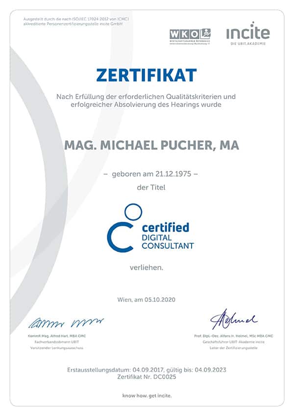 Certified Digital Consultant in Oberösterreich für 2022/2023 | Pucher Michael certified digital consultant 2020