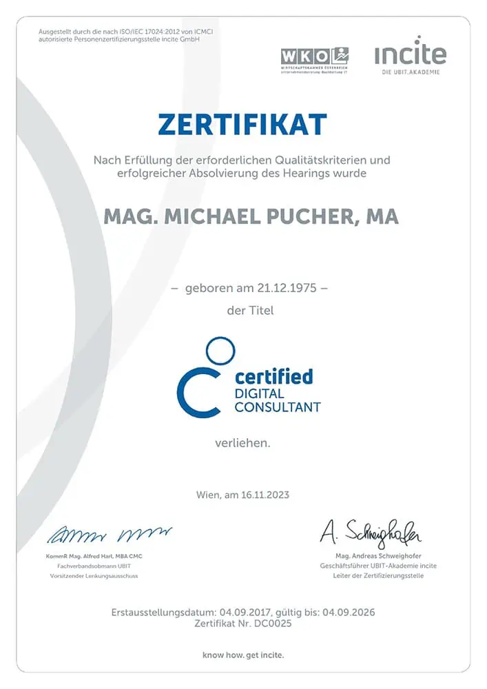 Mag. Michael Pucher, MA ist neu re-zertifiziert als Certified Digital Consultant für die Jahre 2024, 2025 und 2026