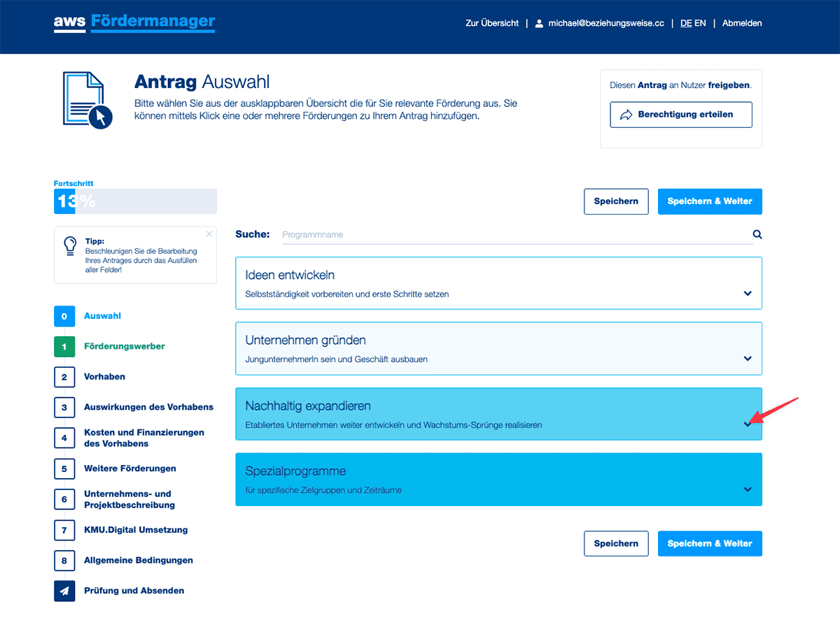 Antrag Auswahl den Bereich Nachhaltig expandieren aufklappen