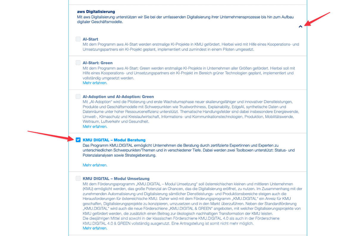 Antrag Auswahl - aws Ditgitalisierung aufklappen und KMU Digital Modul Beratung anhaken