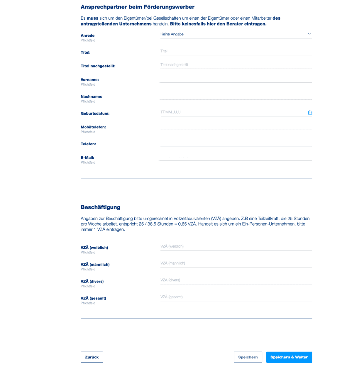 Förderungswerber - Ansprechpartner und Beschäftigung ausfüllen