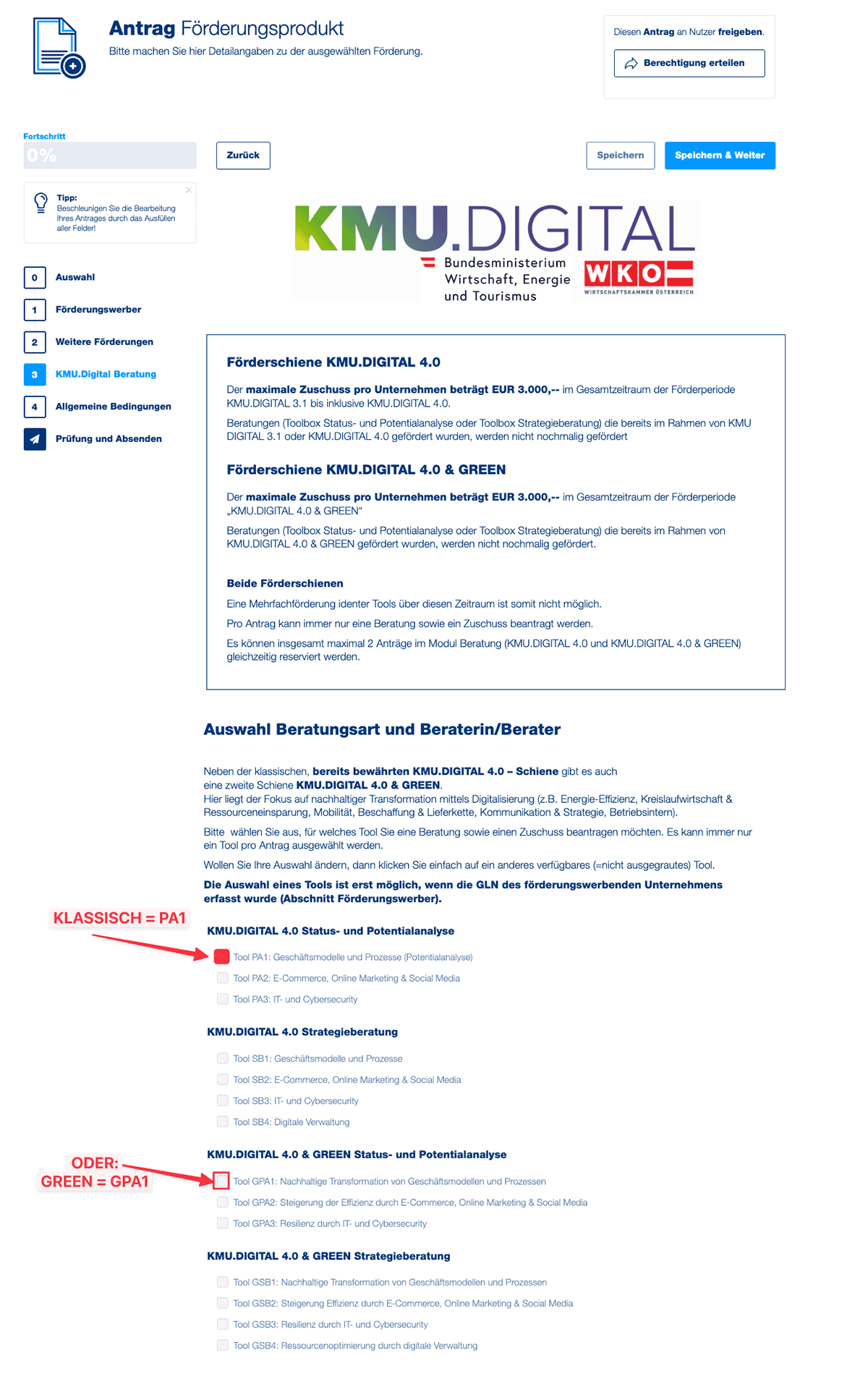 KMU.Digital Beratung - Tool auswählen PA1 für KLASSISCHE Beratung ODER GPA1 für GREEN-Beratung