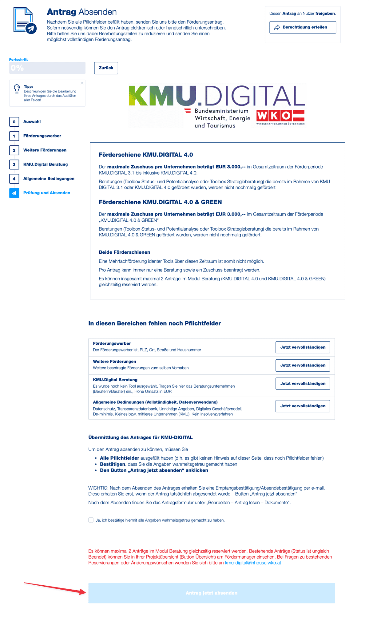 Prüfen und Absenden - ggfs. vervollständigen UND Antrag jetzt absenden